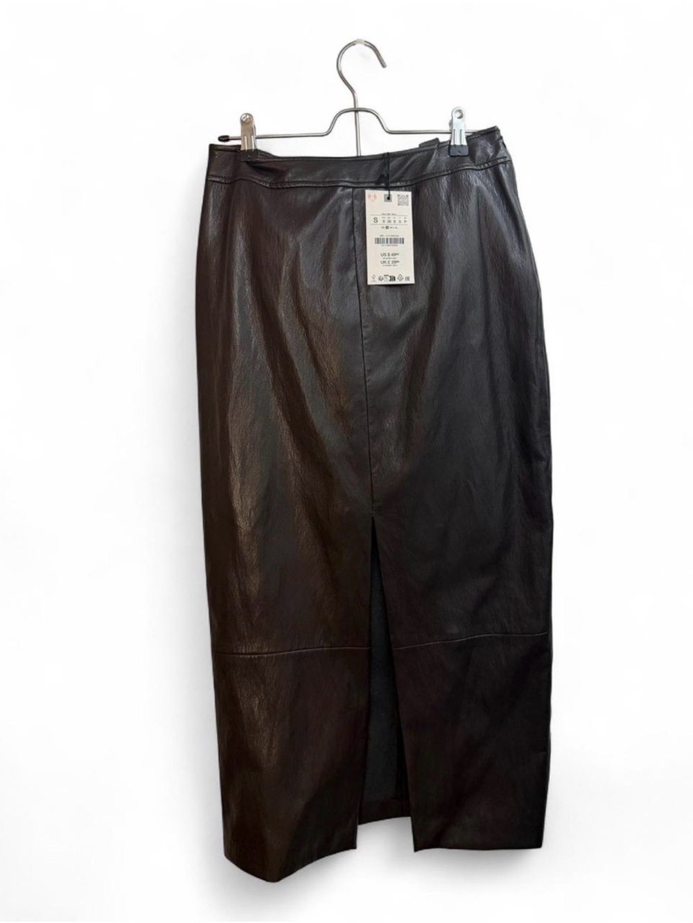 Zara Black Faux Leather Midi Skirt with Back Slit